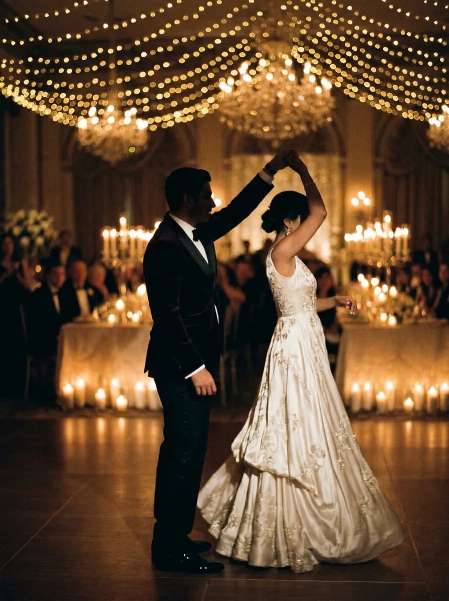 Pareja bailando su primer baile bajo luces de boda