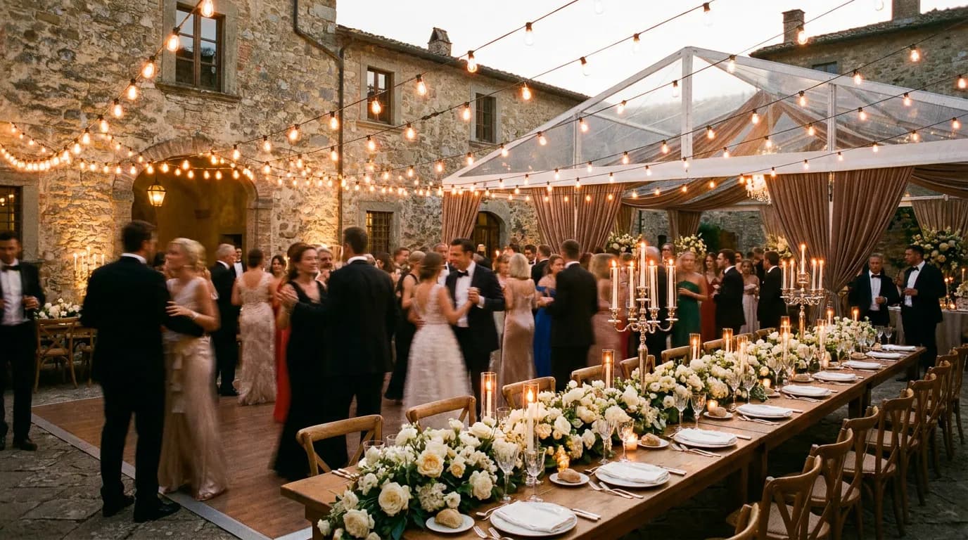 Recepción de boda al aire libre con mesa larga e invitados bailando