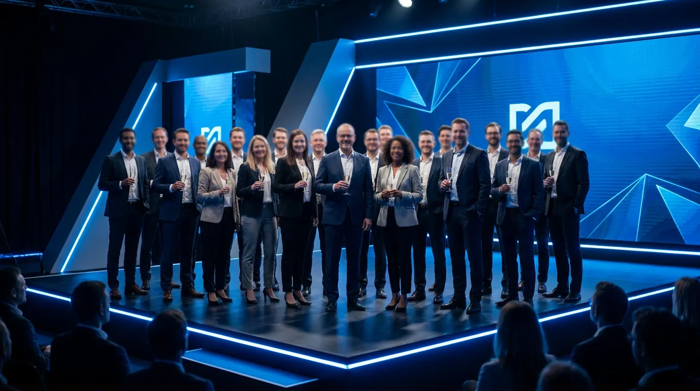 Equipo de empresa brindando en escenario con pantalla de marca