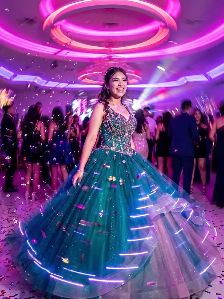 Quinceañera con máscara y vestido en pista de baile neón