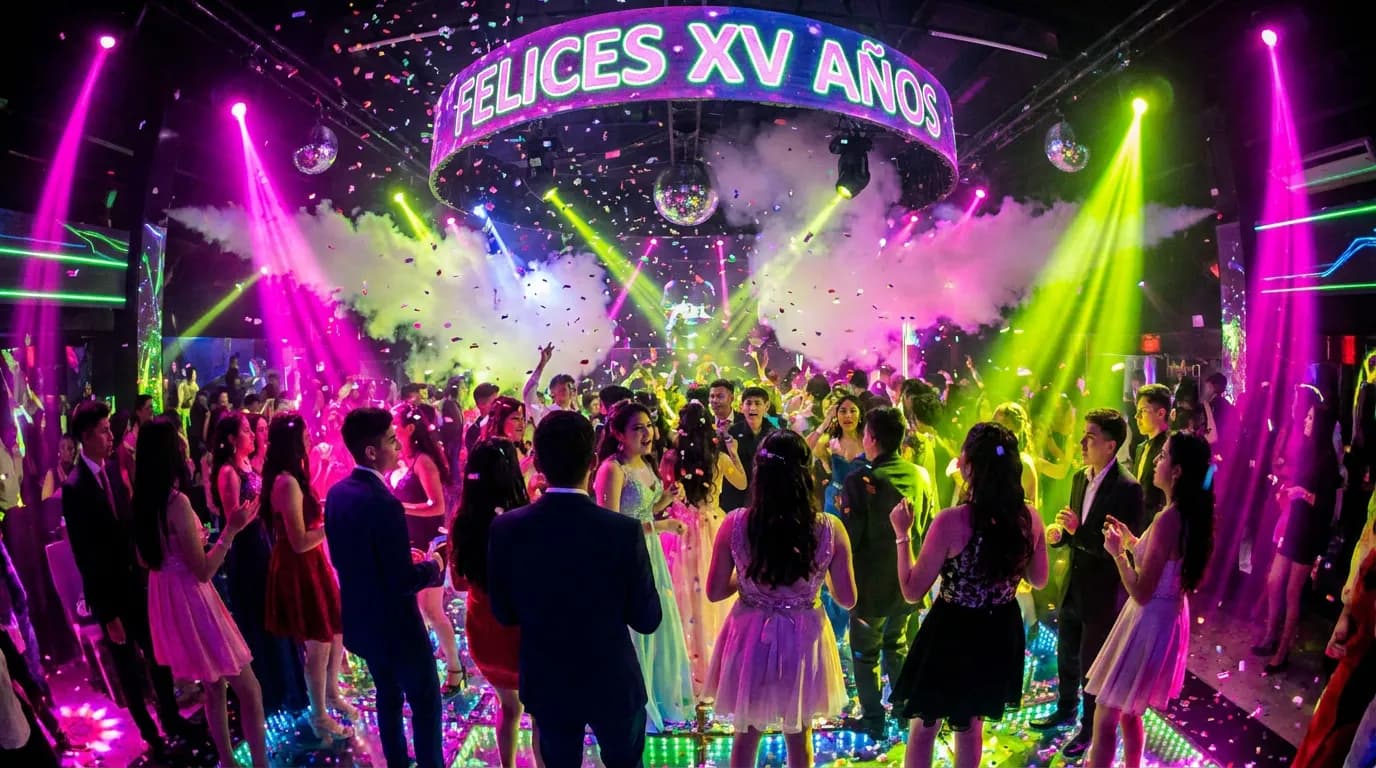Fiesta de XV años con confeti y luces neón bajo letrero de felices XV años